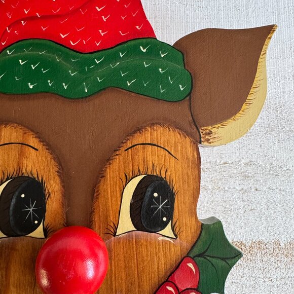 Vintage Hand Painted Wood Rudolph the Reindeer Wall Hanger with Music Box - Picture 3 of 9